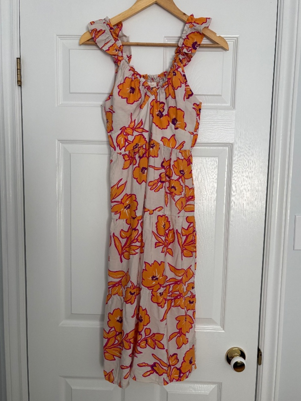 Monteau Orange Bold Floral Beach Tiered Ruffle Midi Dress Vibrant Boho, Sz S
